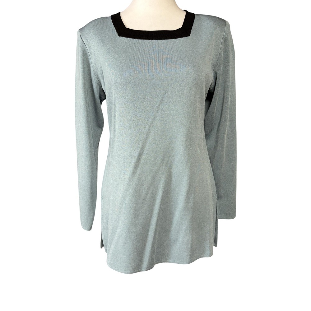 Misook Tunic Top Womens Petite XXS Blue Knit Square Neck Long Sleeve Stretch